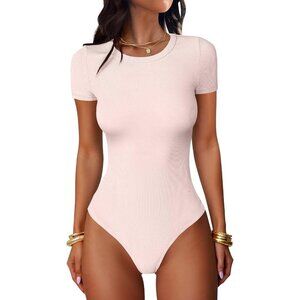 Women's Light Apricot Tee Shirts Bodysuits Short Sleeve Crew Neck Casual Tops